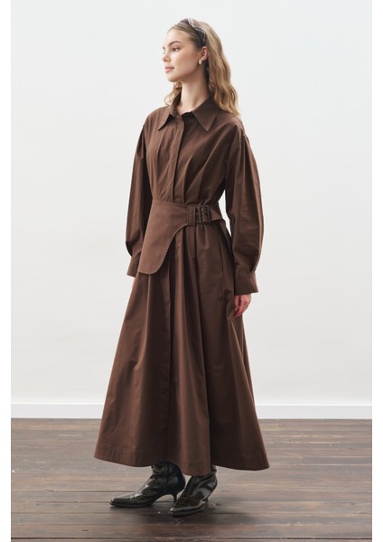 Kemer Detaylı Pileli Elbise Kahverengi indirimleri