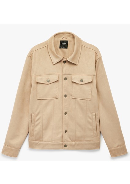 Regular Fit Kapaklı Cepli Gömlek Yaka Düğmeli Suni Süet Ceket