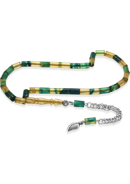 Ateş Kehribar Tesbih - Kararmaz Metal Püsküllü - Mini Boy - Mavi Beyaz - Kesme Kesim