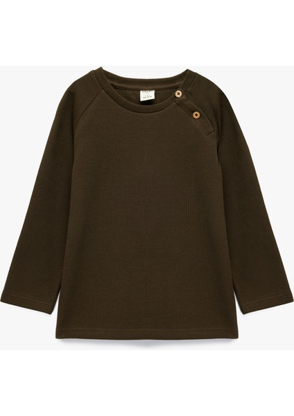 Pamuklu Düğmeli Uzun Reglan Kollu Bisiklet Yaka Sweatshirt