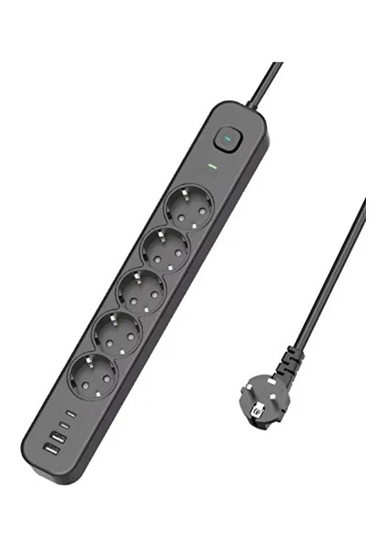 5 Prizli Akım Korumalı Uzatma Kablosu | 2xusb-A + 2xusb-C | 3680W - 2m Kablo - Lisinya