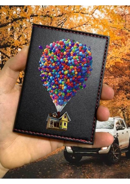 Balonlu Ev Desenli Ruhsat Kabı Logolu Oto Ruhsat Kılıfı Vinleks Deri Dikişli Araç Ruhsat Koruyucu