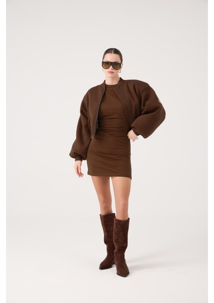 Crop Kesim Vatkalı Alexa Bomber Ceket Kahve