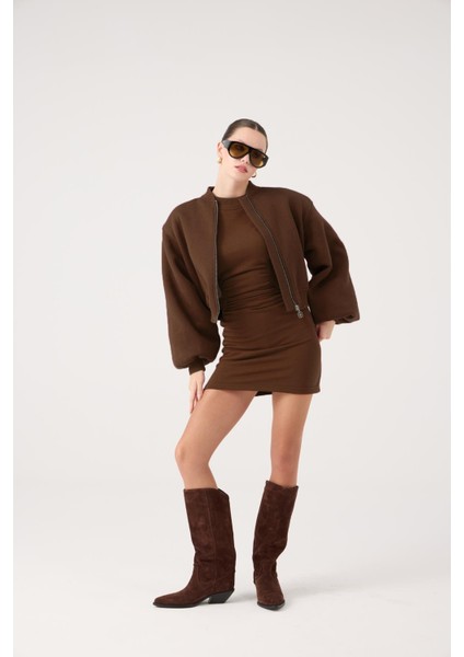 Crop Kesim Vatkalı Alexa Bomber Ceket Kahve modelleri