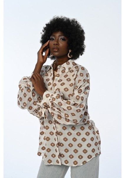 Kadın Kolu Bağlamalı Desenli Gömlek