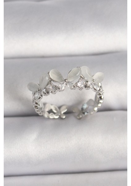 Bfs Pirinç Gümüş Renk Zirkon Taşlı Beyaz Mineli Kelebek Model Ayarlanabilir Yüzük