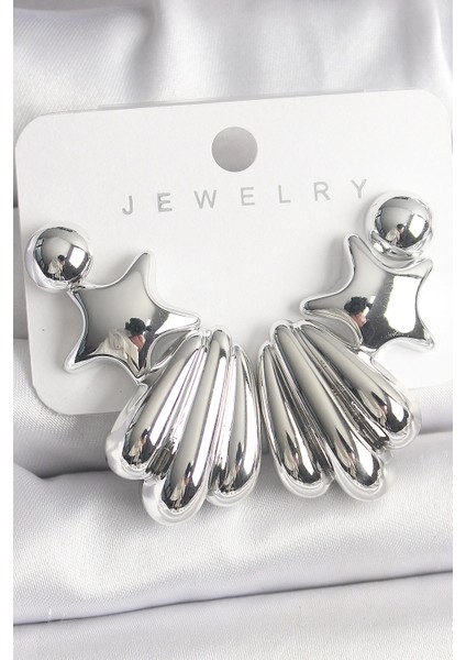 Bfs Gümüş Renk Yıldız Deniz Kabuğu Model Ccb Plastik Kadın Küpe Seti