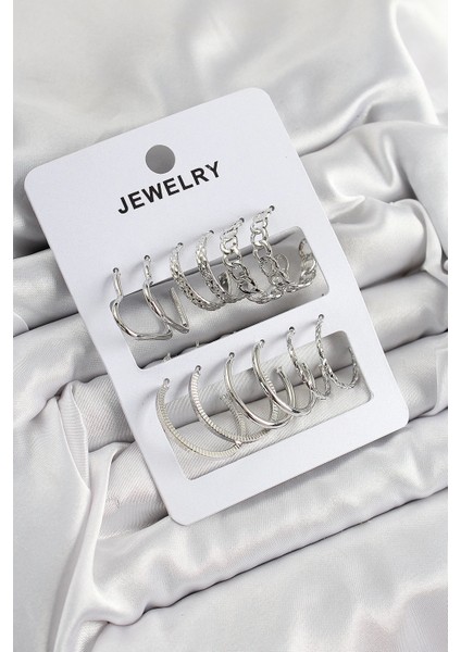 Bfs Pirinç Karışık Halka Model Gümüş Renk 6 Çift Kadın Küpe Set