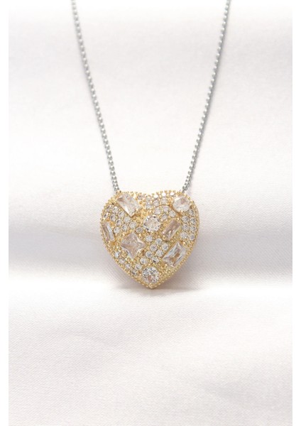 Bfs 316L Çelik Çift Renk Zirkon Taşlı Kalp Kolye