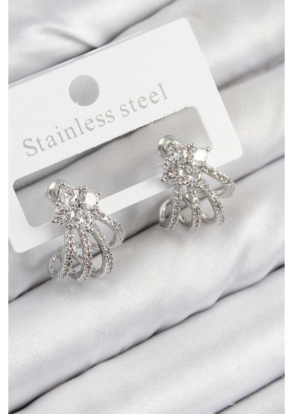 Bfs Pirinç Zirkon Taşlı Model Gümüş Renk Kadın Küpe