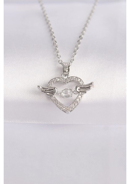 Bfs 316L Çelik Zincir Gümüş Renk Zirkon Taşlı Kanatlı Kalp Kolye