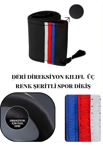 Bmw 3 Deri Direksiyon Kılıfı Prime Kalite, Üç Renk Şeritli Spor Dikiş