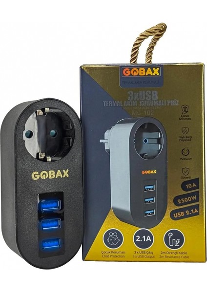 Gobax Termal Akım Korumalı Akıllı Priz 3xusb Li, Çocuk Korumalı, LED Işıklı, Yüksek Isıya Dayanıklı (5324)