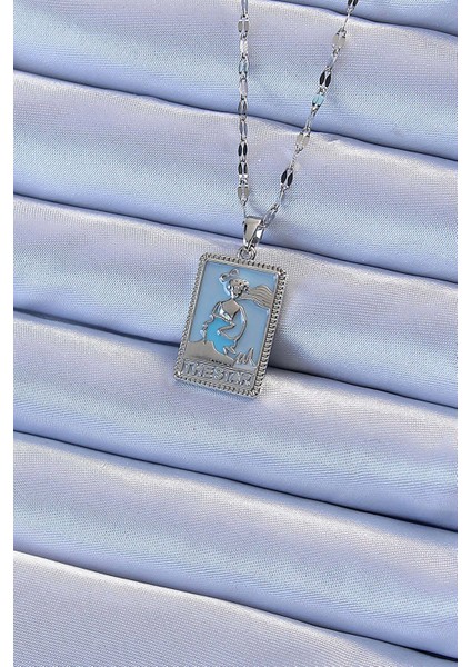 Bfs 316L Çelik Zincir Gümüş Renk Mavi Mineli Tarot Kolye