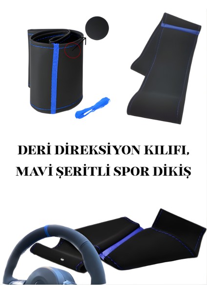 Ford Transit Deri Direksiyon Kılıfı Prime Kalite, Mavi Şeritli Spor Dikiş