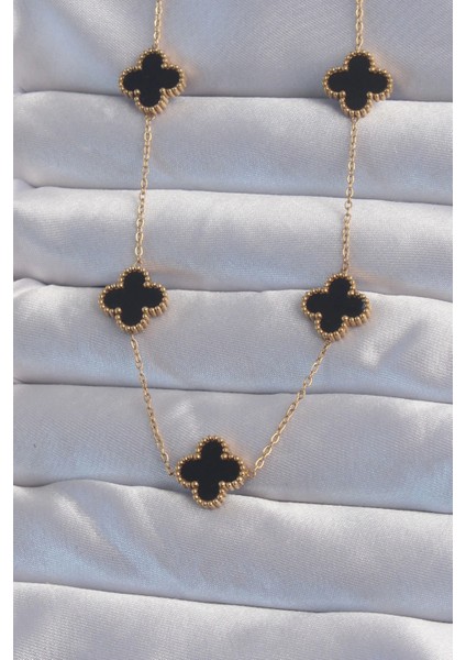 Bfs 316L Çelik Gold Renk Siyah Mineli Yonca Kolye