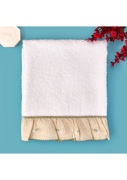 Soft Green Culture Twin Papatya Desenli Yüz Havlusu - Ekru - 50X90 cm
