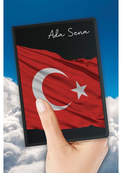 Isim Yazılı Pasaport Kılıfı Desenli Pasaport Kabı Kişiye Özel - Türk Bayrağı