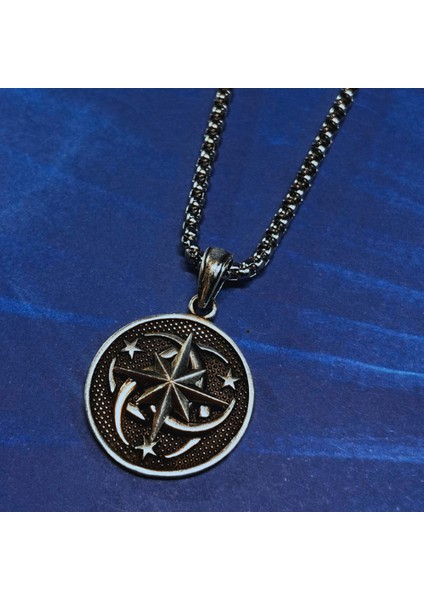 Pusula Figürlü Ay Yıldız El Işçiliği 925 Ayar Gümüş Erkek Kolye