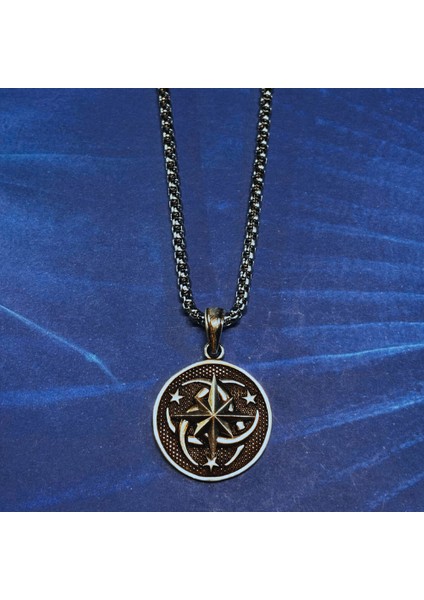 Pusula Figürlü Ay Yıldız El Işçiliği 925 Ayar Gümüş Erkek Kolye modelleri