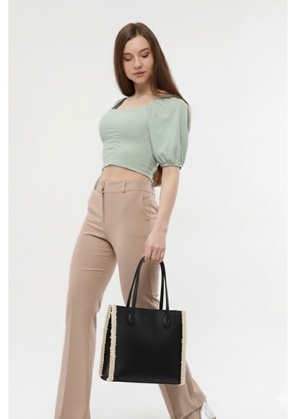 Siyah Polar Detaylı Geniş Omuz Çantası modelleri