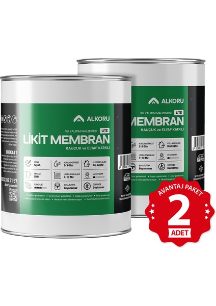 2 Adet 5 kg Lite Likit Membran Kauçuk ve Elyaf Katkılı Sıvı Su Yalıtım Malzemesi Avantaj Paket
