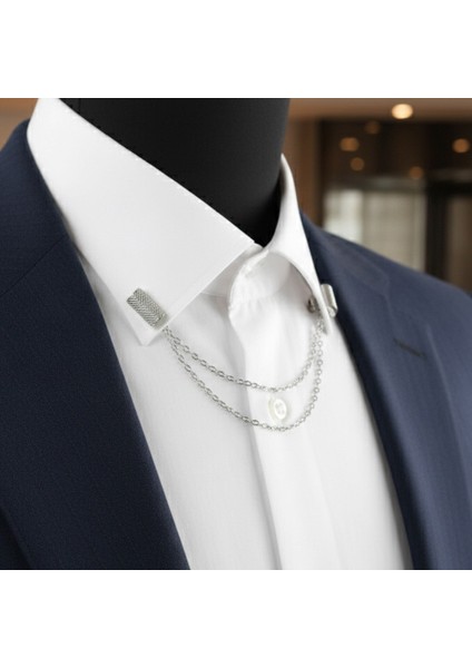 Gümüş Renk Baget Desen Zincirli Gömlek & Ceket & Damatlık & Yaka Iğnesi