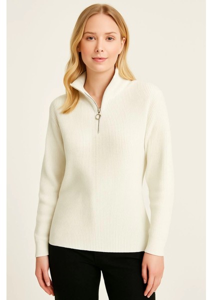 Kadın Dik Yaka Yarım Fermuarlı Triko Kazak | Fitilli Kalın Örgü Basic Kışlık Beyaz/krem Balıkçı Yaka