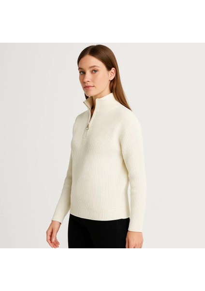 Kadın Dik Yaka Yarım Fermuarlı Triko Kazak | Fitilli Kalın Örgü Basic Kışlık Beyaz/krem Balıkçı Yaka fiyatları