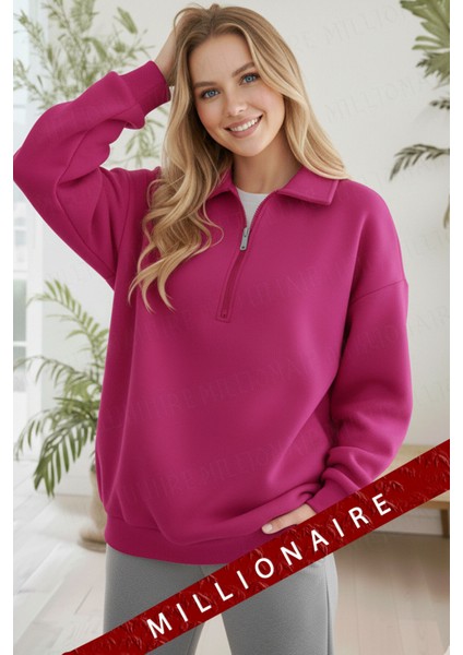 Kadın Fuşya Pembe Yarım Fermuar Polo Yaka 3 Iplik Içi Polarlı Şardonlu Oversize Sweatshirt