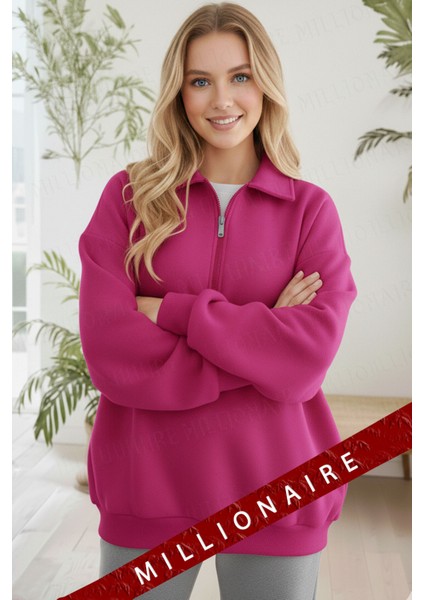 Kadın Fuşya Pembe Yarım Fermuar Polo Yaka 3 Iplik Içi Polarlı Şardonlu Oversize Sweatshirt fiyatları