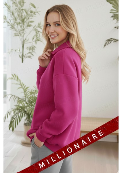 Kadın Fuşya Pembe Yarım Fermuar Polo Yaka 3 Iplik Içi Polarlı Şardonlu Oversize Sweatshirt modelleri