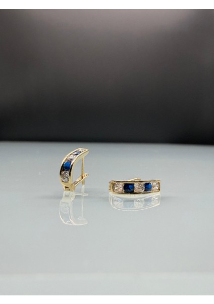 14 Ayar Altın Lacivert Taşlı J Küpe