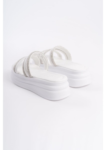 Elıse Düz Topuklu Şeritli Taşlı Kalın ve Ortopedik Taban Kadın Terlik Cbt - Beyaz fırsatları