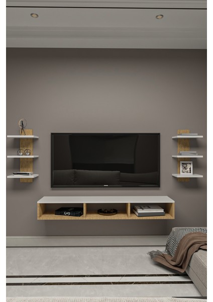 Dekoratif Raflı Tv Ünitesi,antrasit Gri-Atlantik Çam,portatif Minifix Kurulum