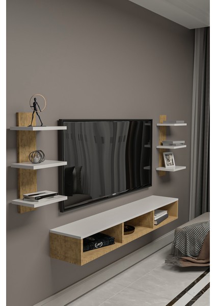 Dekoratif Raflı Tv Ünitesi,antrasit Gri-Atlantik Çam,portatif Minifix Kurulum fiyatları