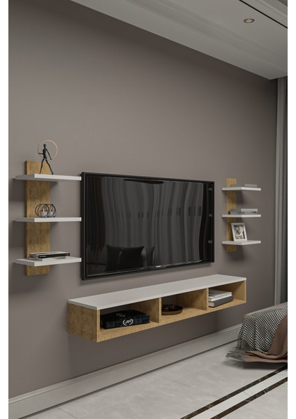 Dekoratif Raflı Tv Ünitesi,antrasit Gri-Atlantik Çam,portatif Minifix Kurulum modelleri