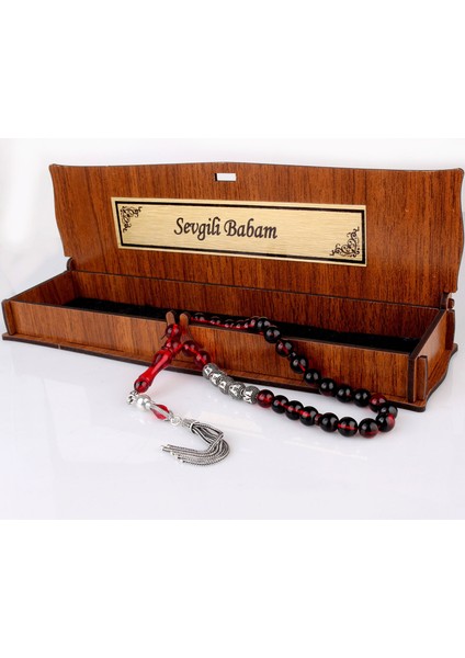 Gümüş Püsküllü Sevgili Babam Yazılı Ahşap Kutulu Ateş Kehribar Tesbih