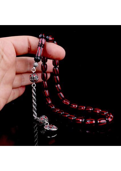 925 Ayar Gümüş Mineli Püsküllü Siyah Bordo Renk Ateş Kehribar Tesbih fiyatları