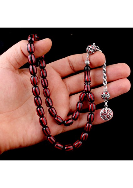 925 Ayar Gümüş Mineli Püsküllü Siyah Bordo Renk Ateş Kehribar Tesbih modelleri