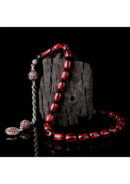 925 Ayar Gümüş Mineli Püsküllü Siyah Bordo Renk Ateş Kehribar Tesbih fırsatları