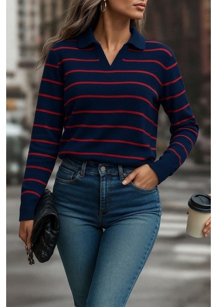 Kadın Uzun Kollu V Yaka Çizgili Triko Bluz