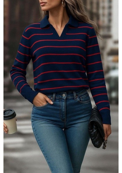 Kadın Uzun Kollu V Yaka Çizgili Triko Bluz modelleri