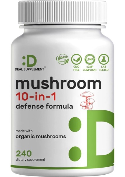 Organic 10-In-1 Lions Mane Turkey Tail Reishi Cordyceps Mushroom Complex Immune, Energy & Nootropic Brain Support
