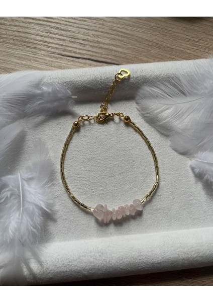 Pembe Kuvars Taşı Altın Kaplama Bileklik El Yapımı