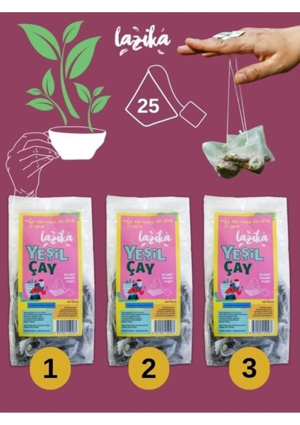 (3'lü Set) Avantajlı Yeşil Çay Seti-25'li Pla Piramit Poşet, Antioksidan Kaynağı, 2.5 Yaprak Çay