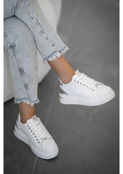 Carol Kadın Deri Kalın Taban Bağcıklı Sneakers Beyaz Gümüş fiyatları