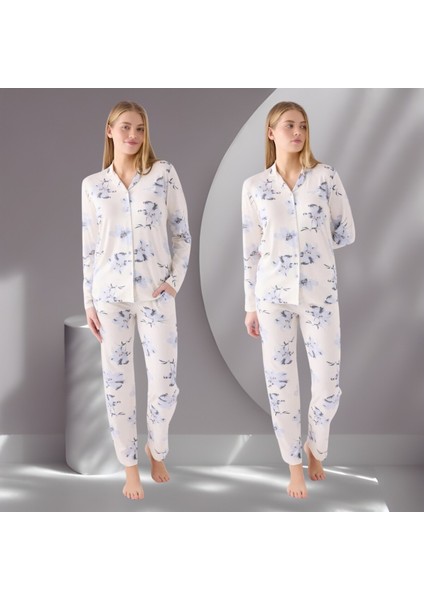 Çiçek Desenli Gömlek Yaka Düğmeli Viskon Pijama Takımı THLV3R88PC