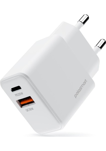 PSM136 20W Pd + 18W USB Hızlı Şarj Cihazı Çift Port Akıllı Tanıma Duvar Adaptörü Beyaz