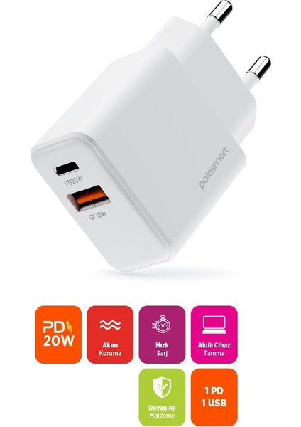 PSM136 20W Pd + 18W USB Hızlı Şarj Cihazı Çift Port Akıllı Tanıma Duvar Adaptörü Beyaz fiyatları